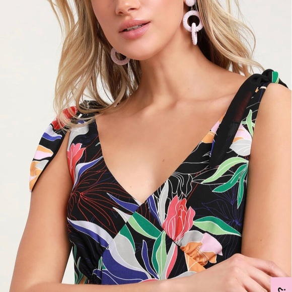 NWT LuLu's Black Tropical Floral Vacation Tie Sleeves A Line Maxi Dress Womens S - Picture 7 of 8